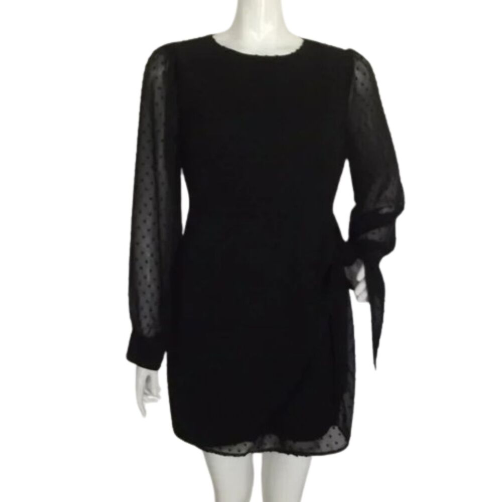 LULUS Dress, M, Black Swiss Dots, Mini, Long sleeves, Hip Tie, Faux Wrap, Zips